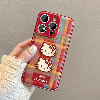 チェック柄の Hello Kitty   デザイン、防振性能に優れ、高級感あふれる紐付きスマホケースで、iPhone に対応