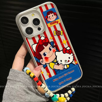 Striped Milk Girl design. Made of silicone, it is shock-resistant and luxurious. Smartphone case with string, compatible with iPhone.