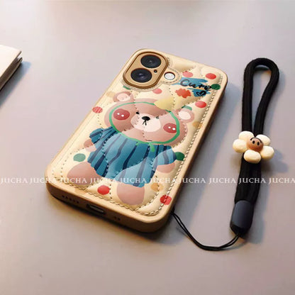 A bear wearing striped clothing. A luxurious silicone full-cover smartphone case with a drawstring. Compatible with iPhones.