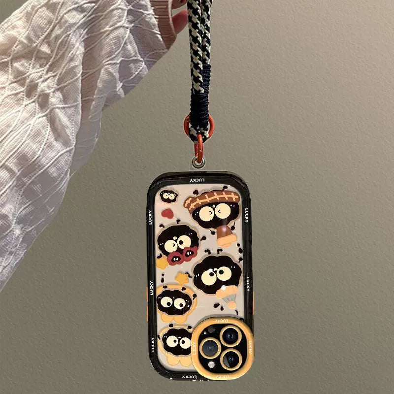 A luxurious smartphone case with a cord that incorporates a lucky soot ball design for iPhone