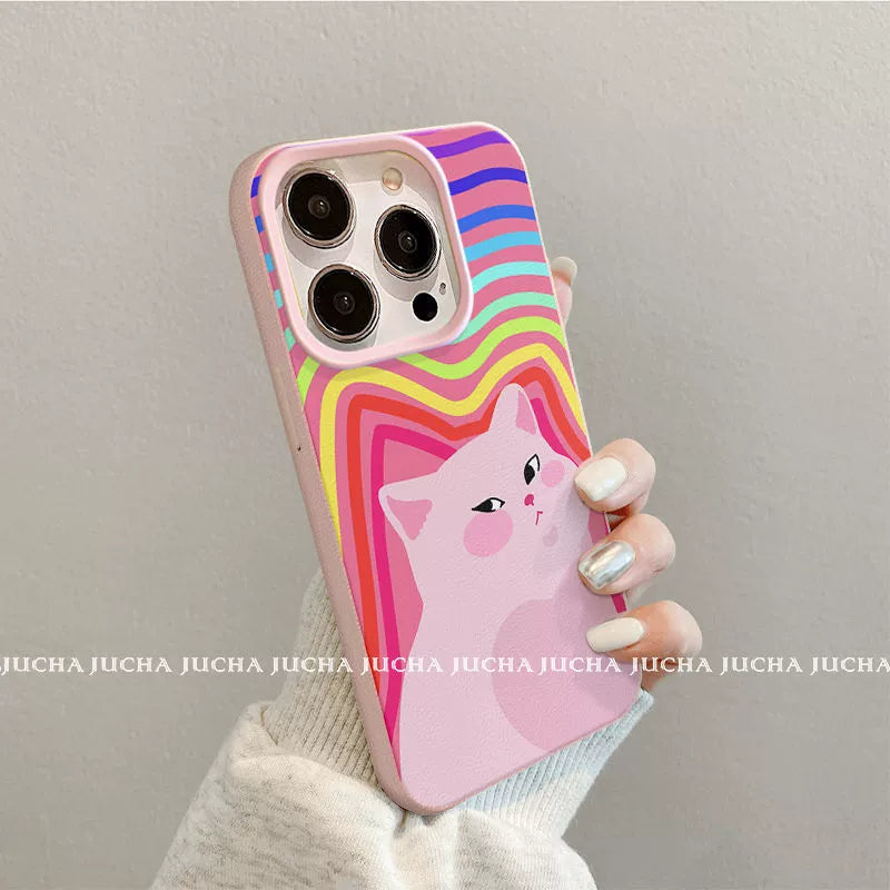 A luxurious smartphone case with a colorful striped pink cat design, excellent shock and vibration resistance, compatible with iPhone