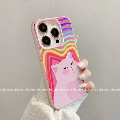 A luxurious smartphone case with a colorful striped pink cat design, excellent shock and vibration resistance, compatible with iPhone