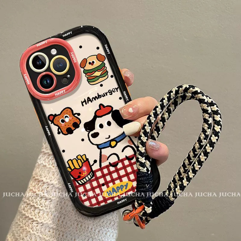 A luxurious smartphone case with a drawstring that incorporates potato and dog designs. Compatible with iPhones.