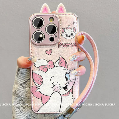 A luxurious smartphone case with a string, featuring a pink-eared Marie Cat design, excellent shock and vibration resistance, and compatible with iPhones.