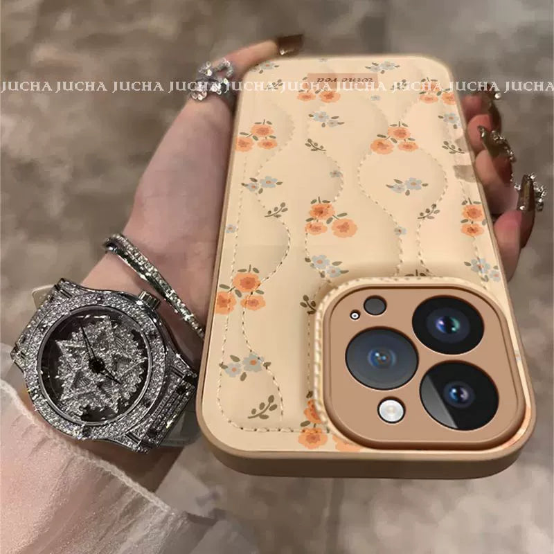 Yellow small floral pattern, fully covered silicone material, luxurious smartphone case with drawstring, compatible with iPhone