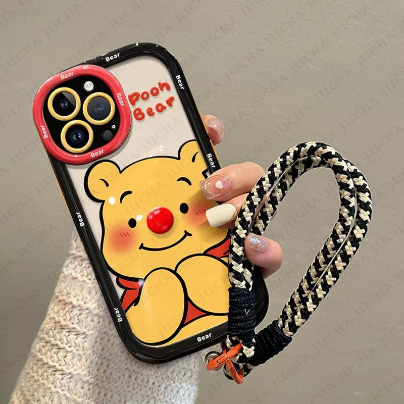 A cute Winnie the Pooh design, a luxurious smartphone case with a drawstring, compatible with iPhone