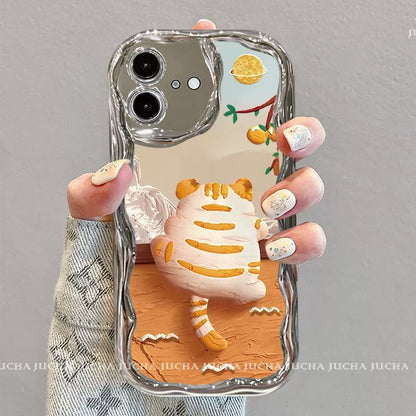 Orange cat jumping over a fence. Luxury design. Smartphone case with bracelet. Compatible with iPhone.