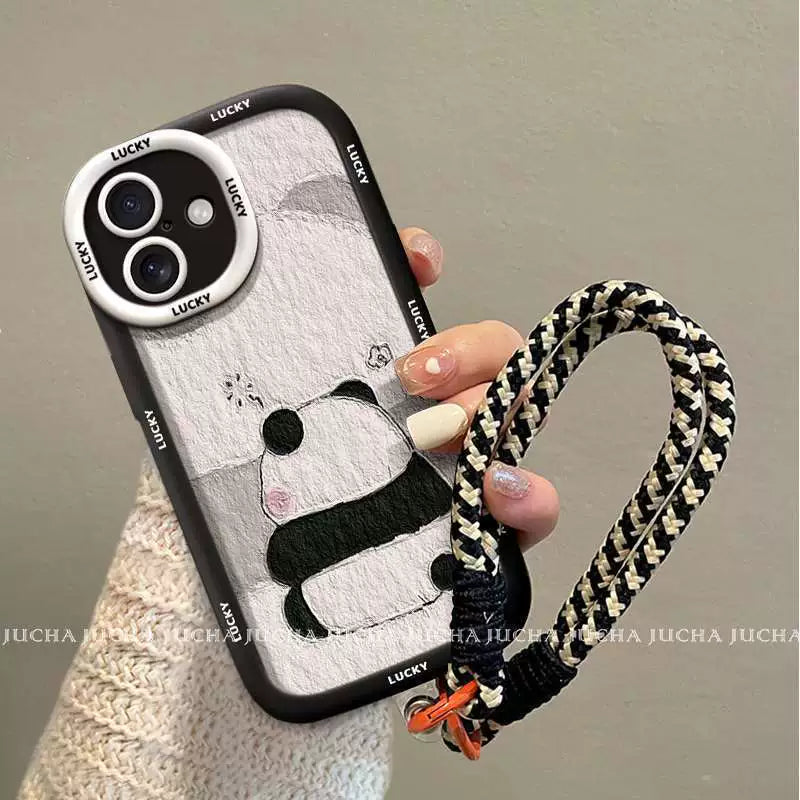 A luxurious smartphone case with a cute panda motif and a drawstring for iPhone