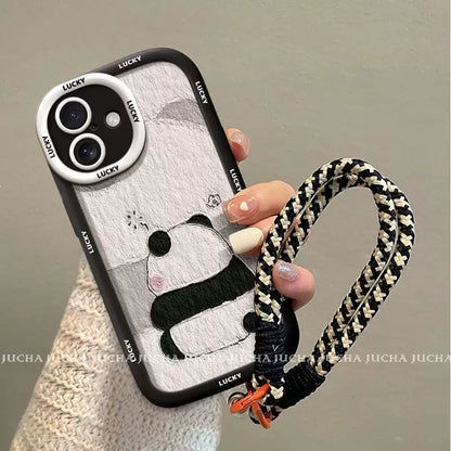 A luxurious smartphone case with a cute panda motif and a drawstring for iPhone