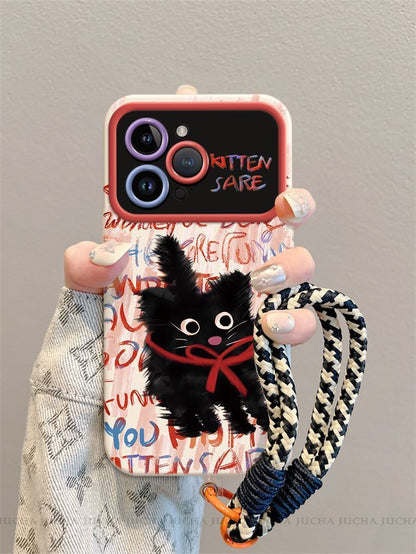 Surprised kitten design, luxurious smartphone case with drawstring, compatible with iPhone