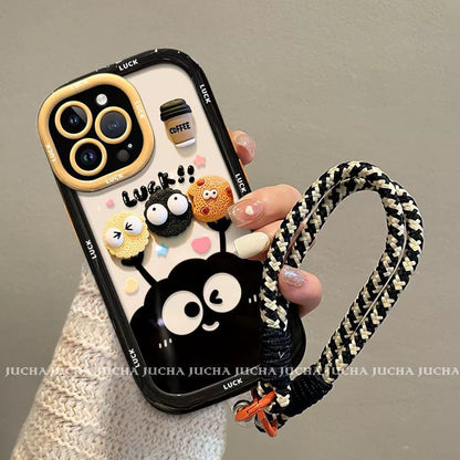 A luxurious smartphone case with a string, featuring a cookie charcoal ball motif, compatible with iPhone