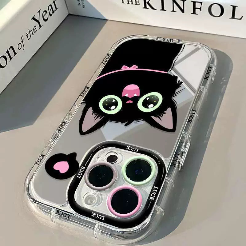 A luxurious smartphone case with a mirrored loving cat design, excellent shock and vibration resistance, and compatible with iPhones.