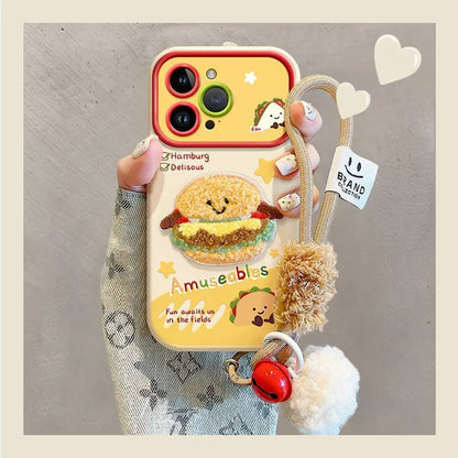 Fluffy hamburger, luxurious smartphone case with string and sticker decoration, compatible with iPhone