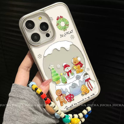 クリスマスツリーと雪だるま デザイン  高級感あふれる 紐付き スマホケース、iPhone に対応