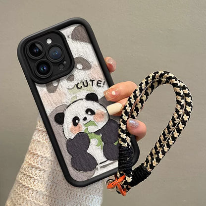 Oil painting style panda design, excellent shock and vibration resistance, luxurious smartphone case with drawstring, compatible with iPhone