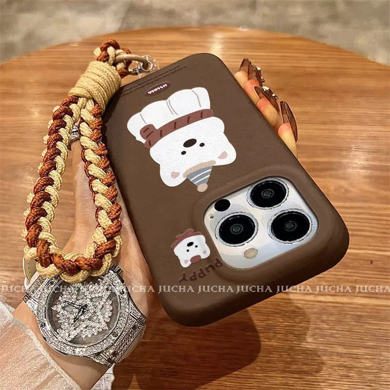 A luxurious smartphone case with a string attached, designed with a puppy wearing a scarf, excellent shock and vibration resistance, and compatible with iPhones.