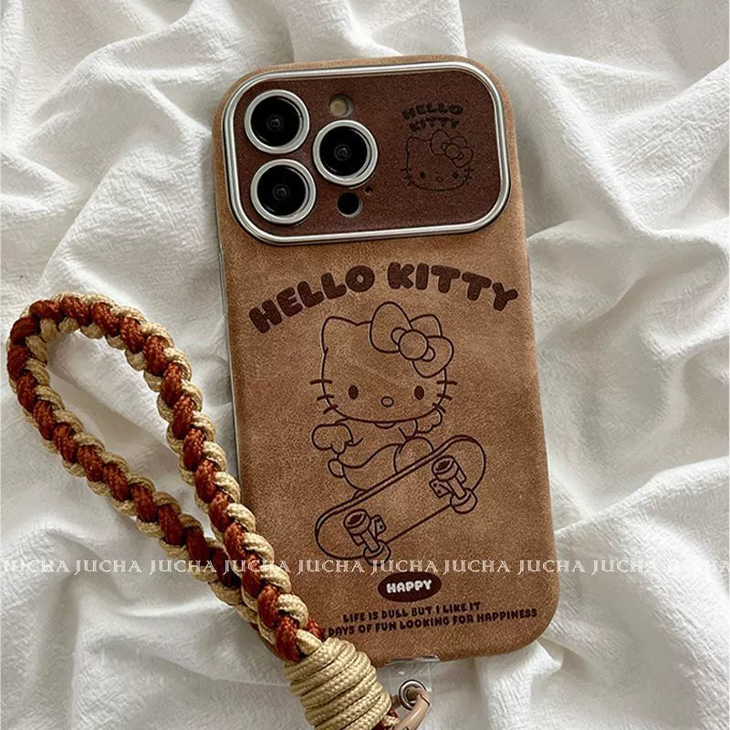 A Hello Kitty skateboarding design, this luxurious smartphone case with drawstring is shock-resistant and vibration-proof, and is compatible with the iPhone.