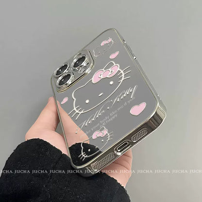 Mirrored Hello Kitty. Fully covered silicone material for a luxurious look. Smartphone case with drawstring. Compatible with iPhone.