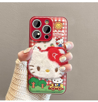 Fluffy Hello Kitty doll design, luxurious smartphone case with drawstring, compatible with iPhone