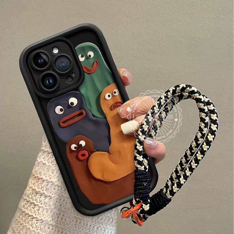 A luxurious smartphone case with a drawstring and a design of four wide-eyed insects, compatible with iPhones