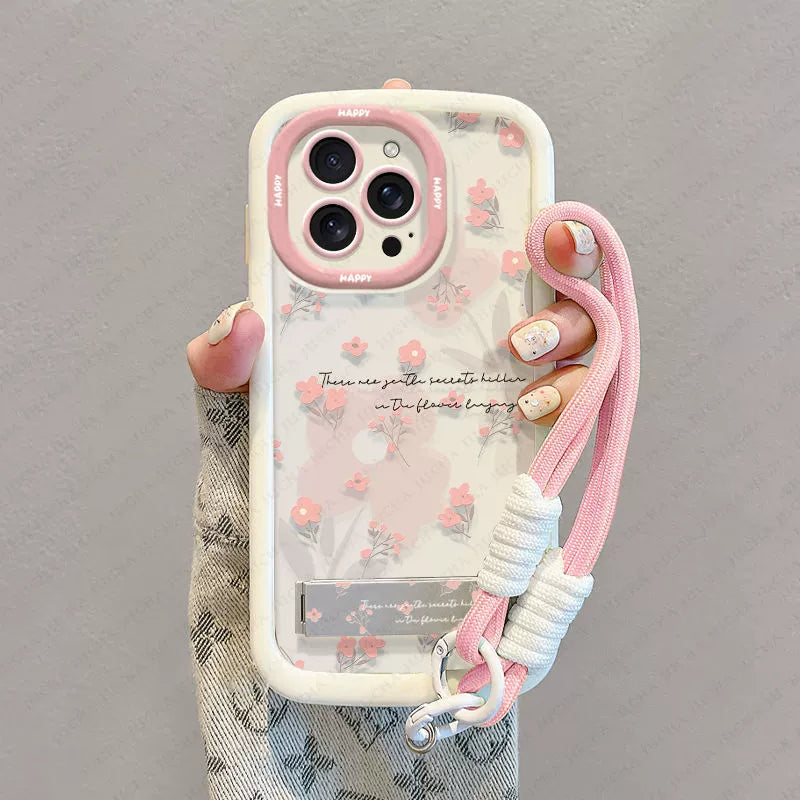 Pink floral pattern, luxurious smartphone case with stand and string, compatible with iPhone