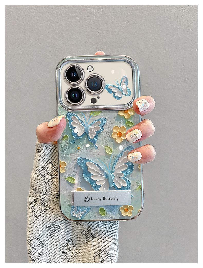 Blue oil painting style butterfly, luxurious smartphone case with string and stand, compatible with iPhone