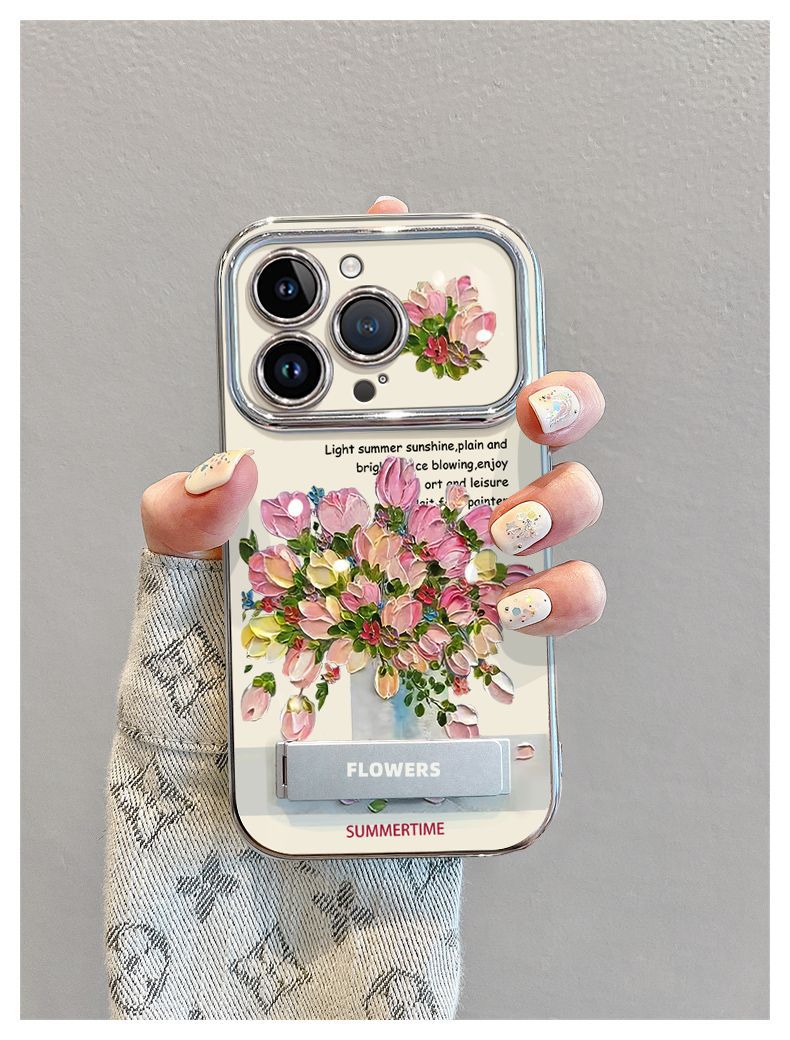 ロマンチックな油彩画の花  デザイン  高級感あふれる ブレスレットとスタンド付き スマホケース  iPhone に対応