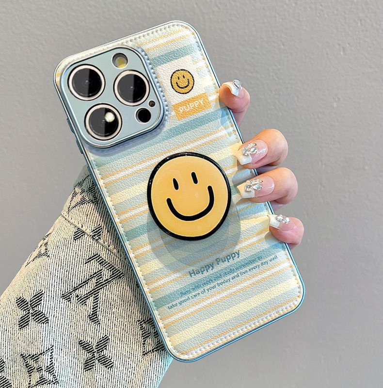 Stripes and smiley face design, luxurious smartphone case with strap and stand, compatible with iPhone