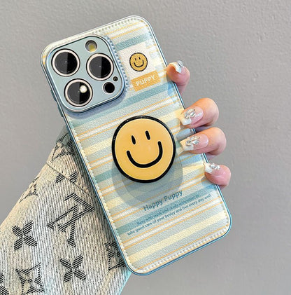 Stripes and smiley face design, luxurious smartphone case with strap and stand, compatible with iPhone