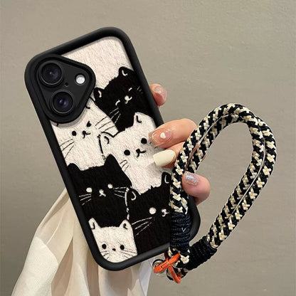 Black and white cats, luxurious smartphone case with drawstring, compatible with iPhone