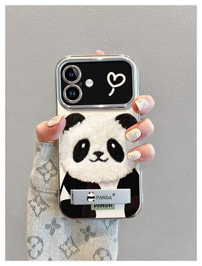 A three-dimensional fluffy panda design with a luxurious feel. Comes with a drawstring and stand. Smartphone case for iPhone.