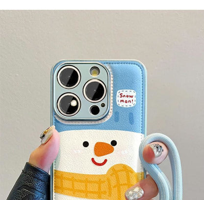 A luxurious smartphone case with a string that has a design of a yeti wearing a scarf, excellent shock and vibration resistance, and is compatible with iPhones.