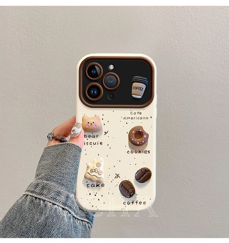 A three-dimensional coffee and little bear design, a luxurious smartphone case with a drawstring, compatible with iPhone