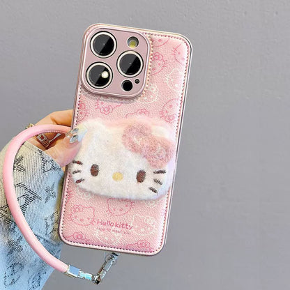 立体のぬいぐるみ風 Hello Kitty  デザイン  高級感あふれる 紐付き スマホケース  iPhone に対応