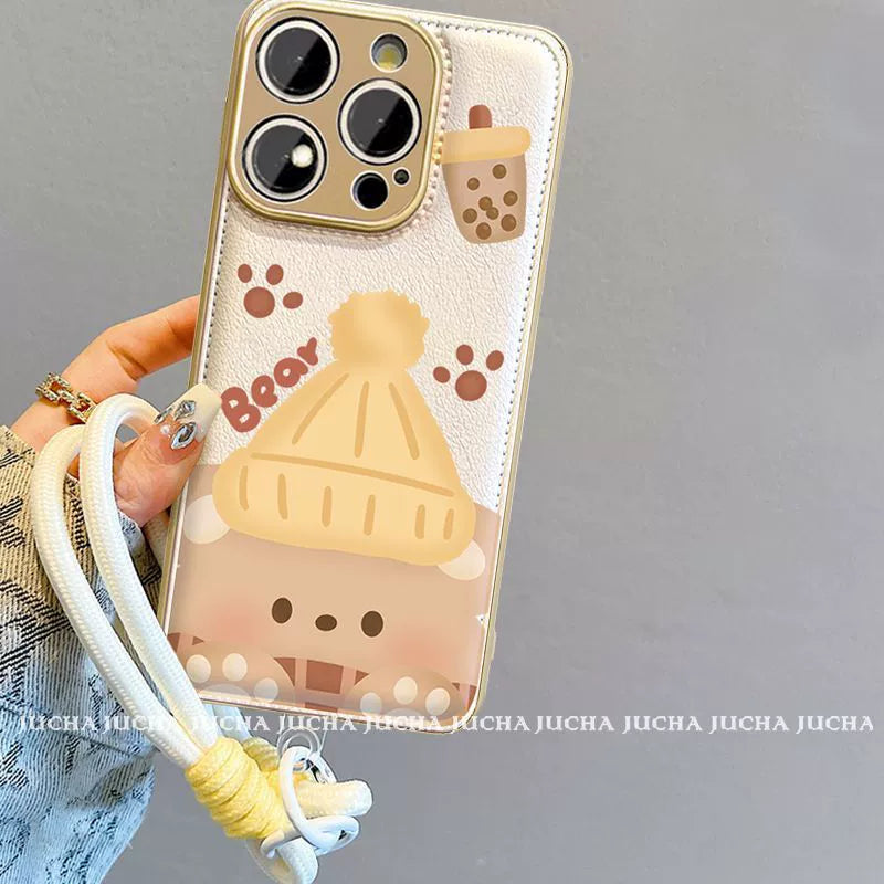 Milk tea and bear, luxurious smartphone case with drawstring, compatible with iPhone