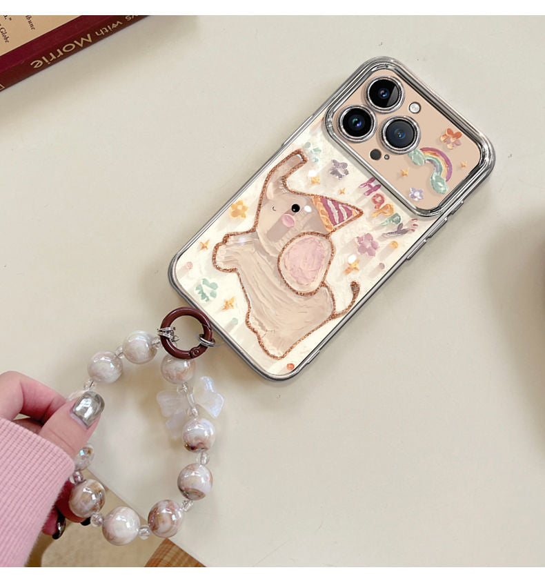 Oil painting style baby elephant design, luxurious smartphone case with bracelet, compatible with iPhone