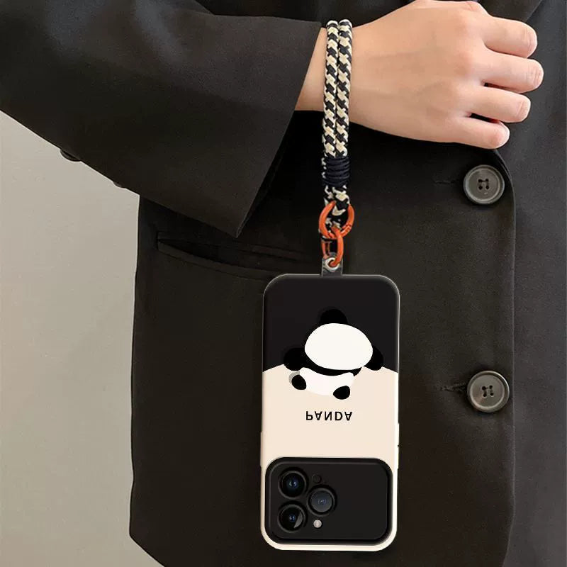 A luxurious smartphone case with a string and a design of a bear panda climbing up the mountain, compatible with iPhone