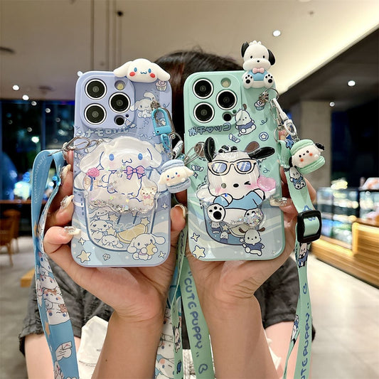 スマホケース  パチリーヌとシナモロール流砂スタンドデザイン  つるし紐も付い  耐衝撃・防振性能に優れ、高級感あふれるスマホケースで、iPhone に対応