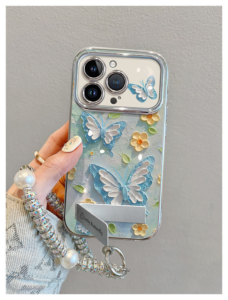 Blue oil painting style butterfly, luxurious smartphone case with string and stand, compatible with iPhone