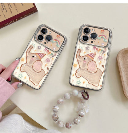 Oil painting style baby elephant design, luxurious smartphone case with bracelet, compatible with iPhone