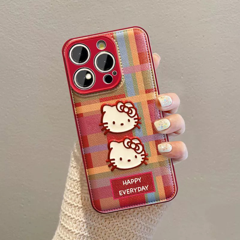 チェック柄の Hello Kitty   デザイン、防振性能に優れ、高級感あふれる紐付きスマホケースで、iPhone に対応