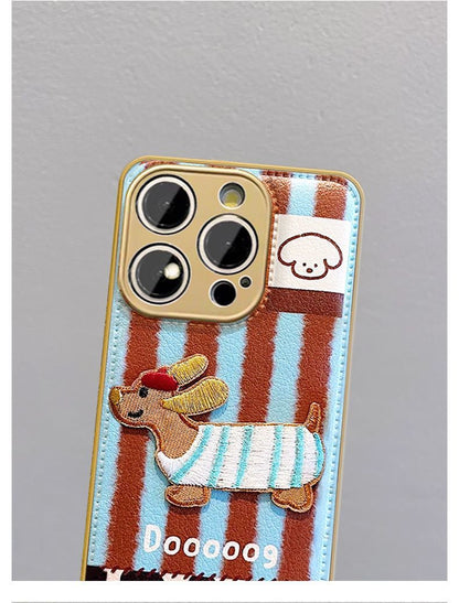 A luxurious smartphone case with a striped embroidered dog design and a drawstring that is compatible with iPhones