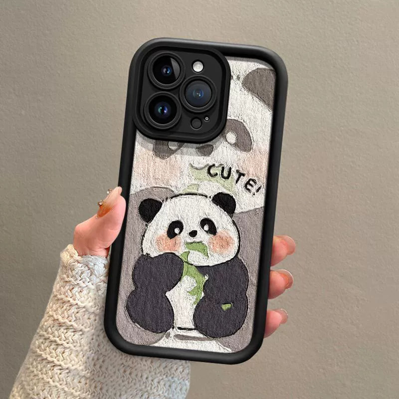 Oil painting style panda design, excellent shock and vibration resistance, luxurious smartphone case with drawstring, compatible with iPhone