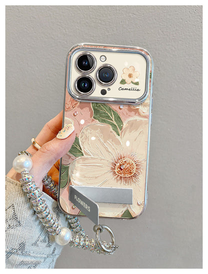 Oil painting style camellia pattern, luxurious smartphone case with drawstring and stand, compatible with iPhone