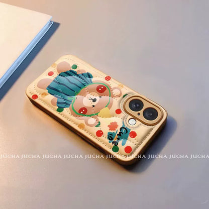 A bear wearing striped clothing. A luxurious silicone full-cover smartphone case with a drawstring. Compatible with iPhones.