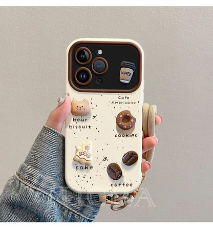 A three-dimensional coffee and little bear design, a luxurious smartphone case with a drawstring, compatible with iPhone