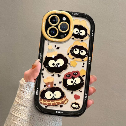 A luxurious smartphone case with a cord that incorporates a lucky soot ball design for iPhone