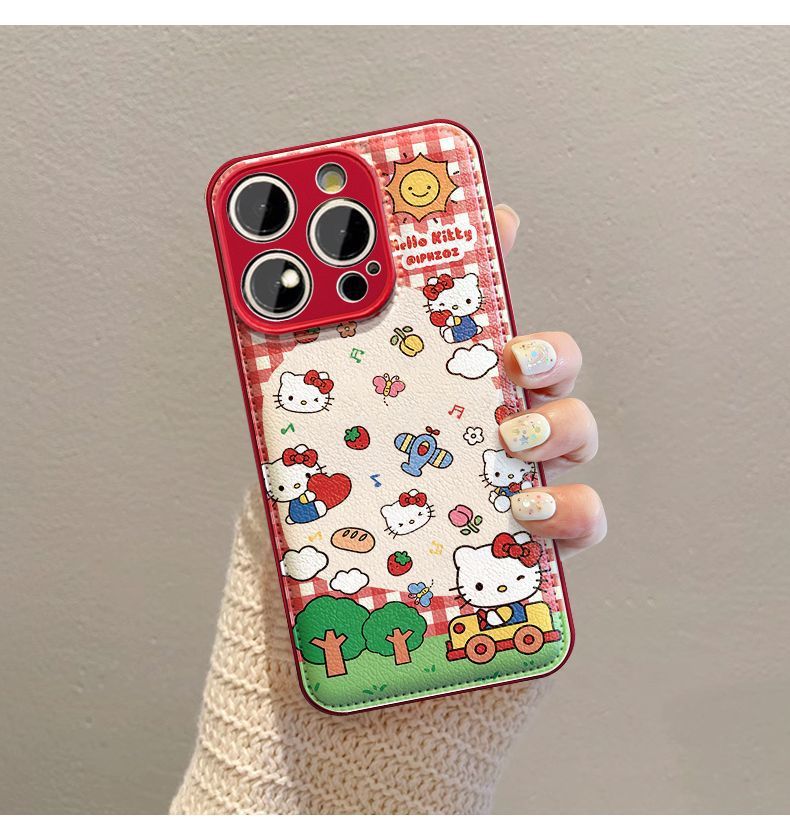 Fluffy Hello Kitty doll design, luxurious smartphone case with drawstring, compatible with iPhone