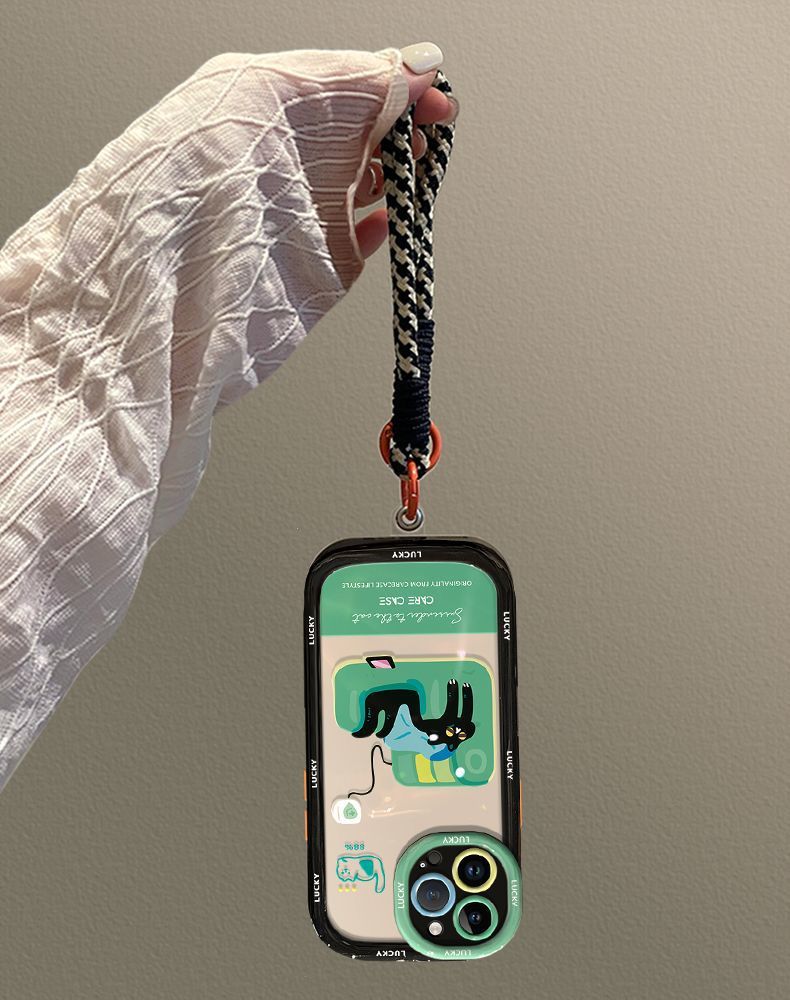 A relaxed cat design. Made of silicone, it is highly shock-resistant and has a luxurious feel. Smartphone case with a string, compatible with iPhones.