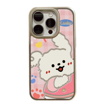 Pink puppy design. Made of silicone, highly shock-resistant and luxuriously decorated smartphone case, compatible with iPhone.